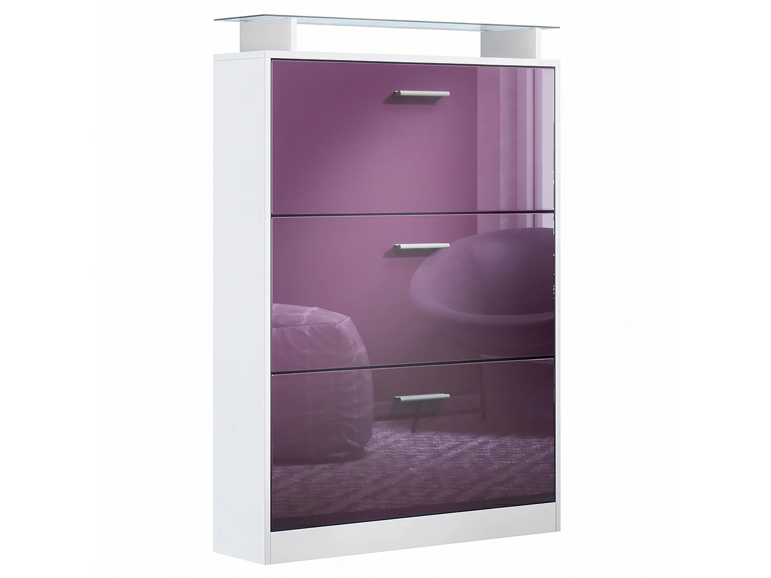 Meuble à chaussures Lavia, basculant pour 24 paires de chaussures avec 3 clapets et étagère en verre, Blanc mat/Mûre haute brillance (89 x 128 x 23 cm)