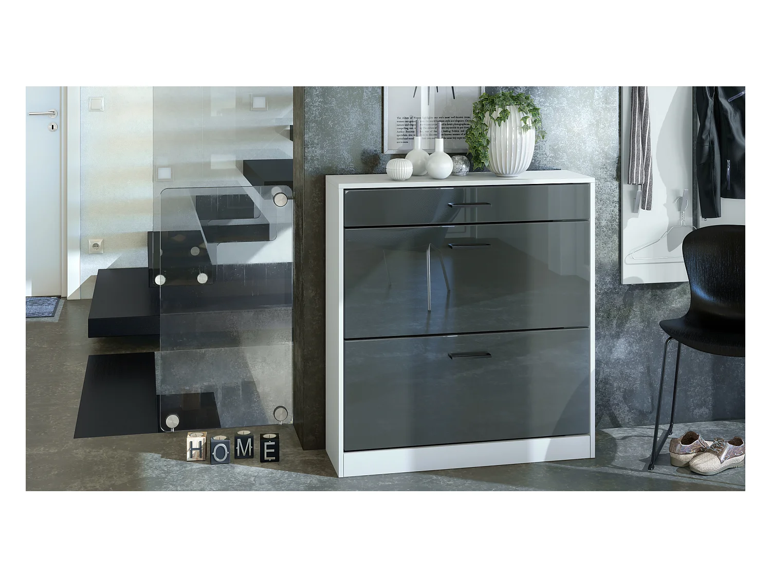 Armoire à chaussures inclinable Elvas 89 x 95,5 x 27 cm, caisson en blanc mat, façade en Gris haute brillance