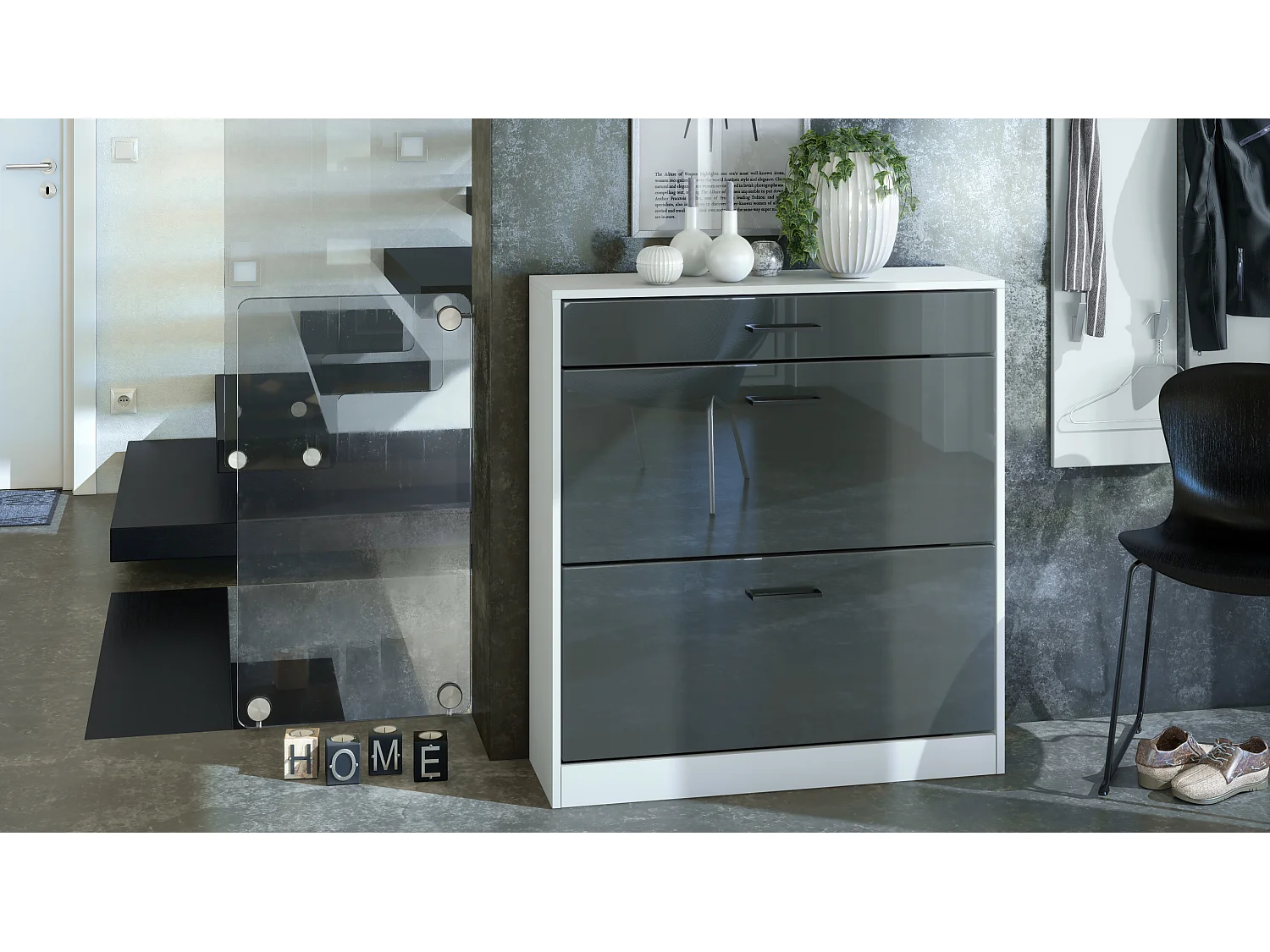 Mobiletto scarpiera Elvas 89 x 95,5 x 27 cm, struttura in bianco opaco, frontale in grigio lucido.