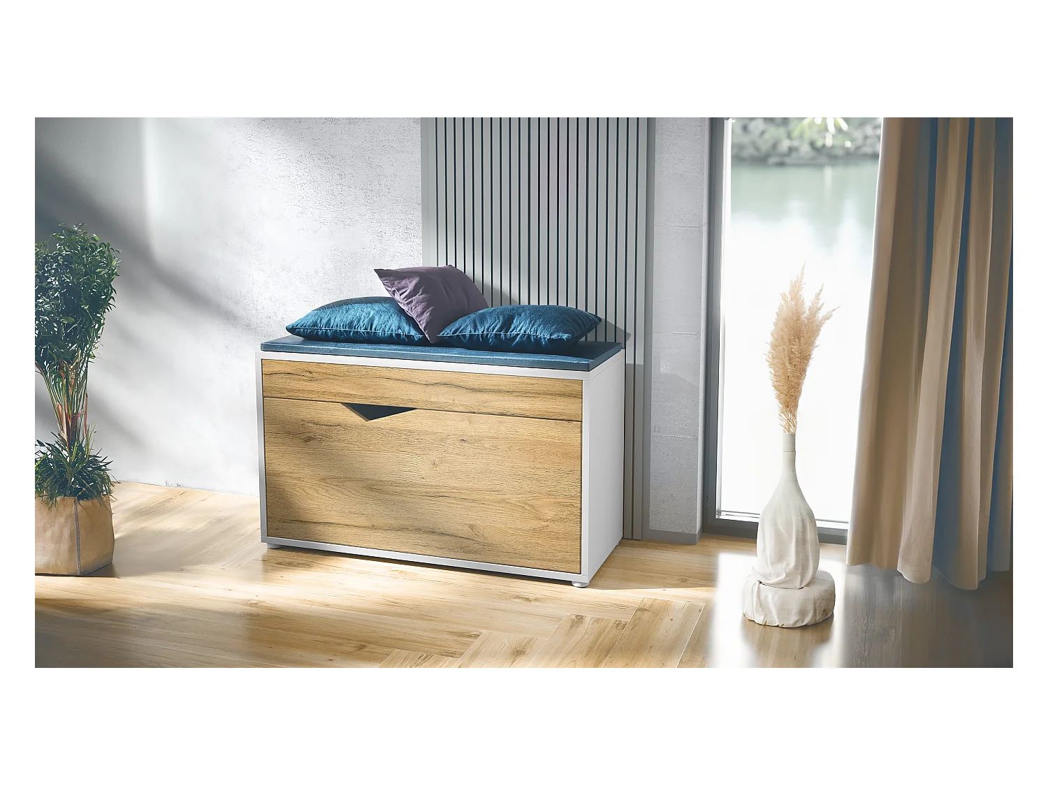 Banc à Chaussures Kolmio, Banc d'Assise pour 8 Paires de Chaussures, Étagère à Chaussures avec Siège, blanc mat/chêne nature (85 x 50 x 33 cm)