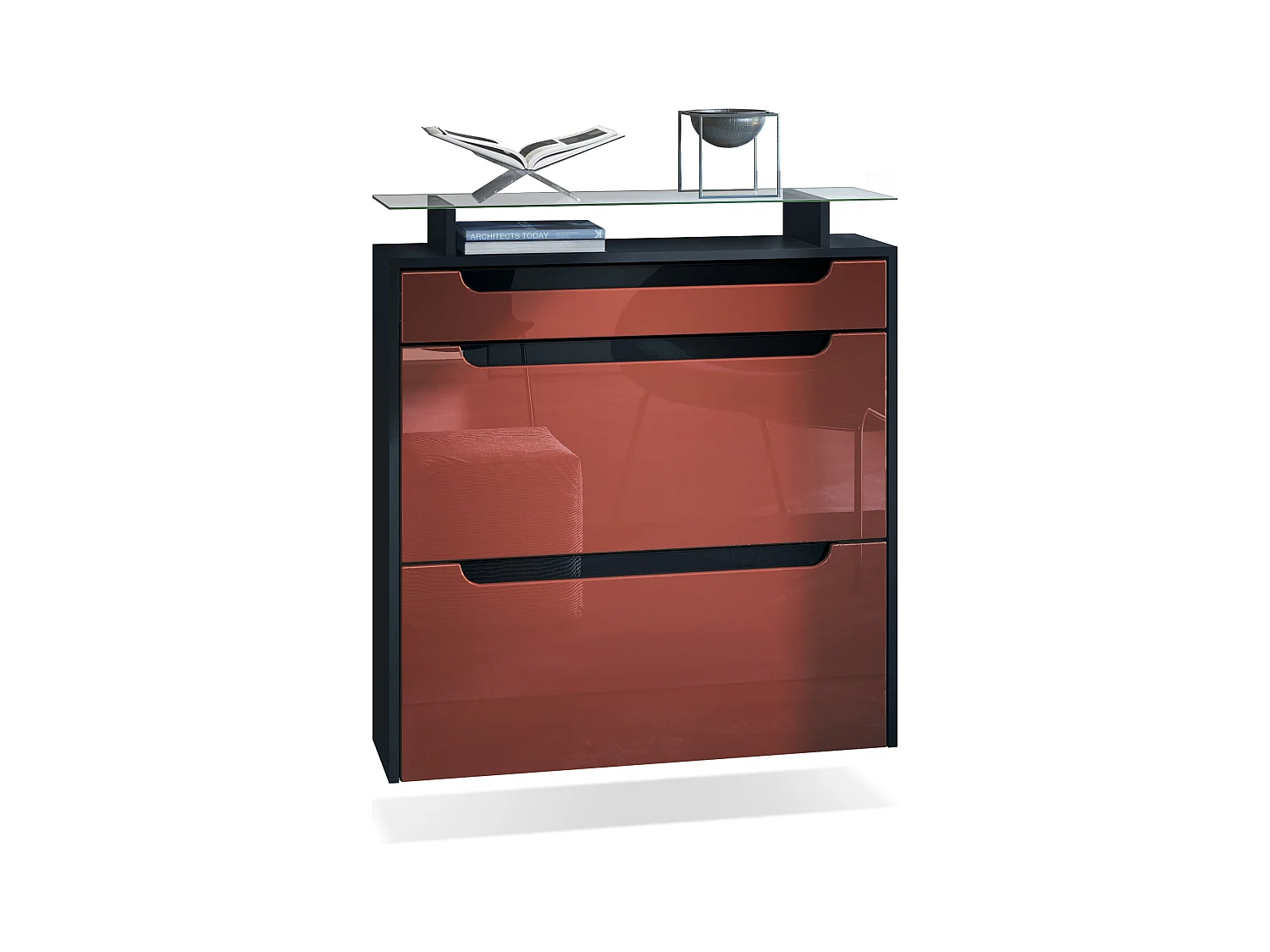 Meuble chaussures Annie pour 16 paires de chaussures avec 2 clapets et 1 tablette en verre, Noir mat/Bordeaux haute brillance (89 x 96 x 23 cm)