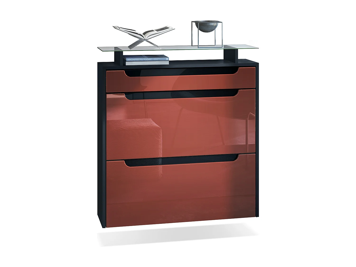 Scarpiera  Annie, mobile per 16 paia di scarpe con 2 ante a ribalta e 1 cassetto e ripiano in vetro, nero opaco/bordeaux lucido/nero lucido (89 x 96 x 23 cm)