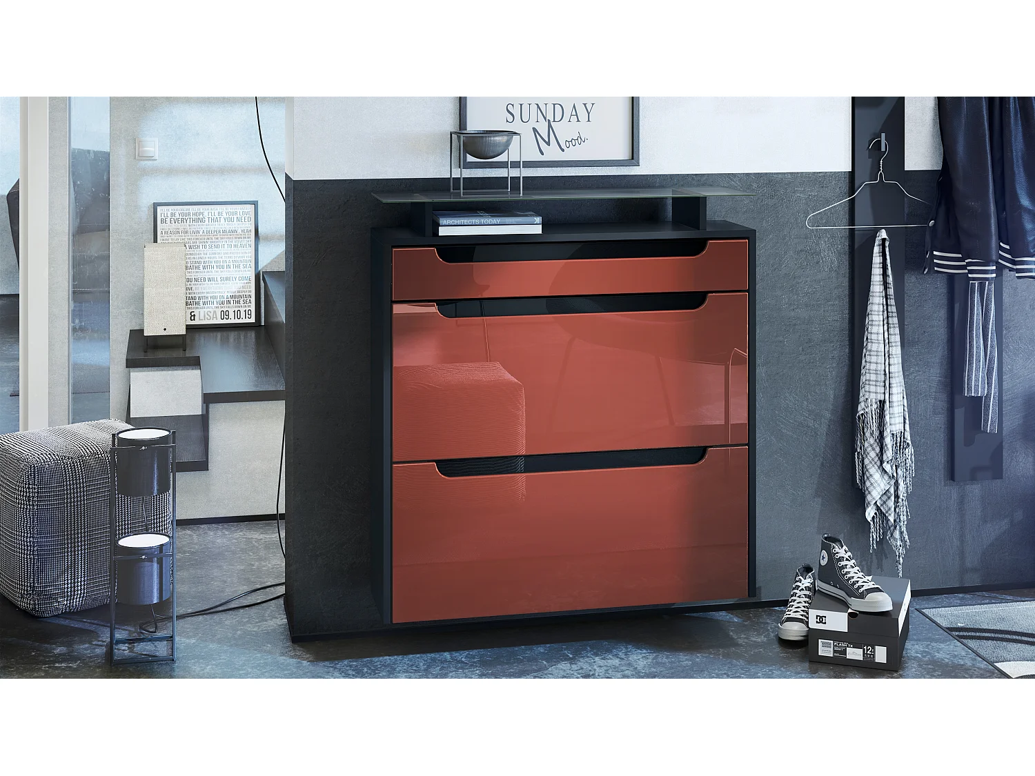 Scarpiera  Annie, mobile per 16 paia di scarpe con 2 ante a ribalta e 1 cassetto e ripiano in vetro, nero opaco/bordeaux lucido/nero lucido (89 x 96 x 23 cm)