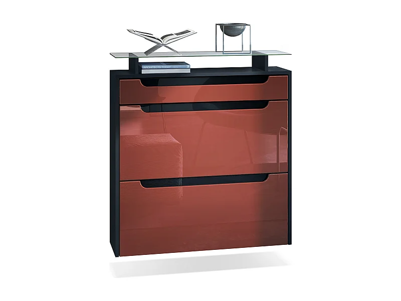 Meuble chaussures Annie pour 16 paires de chaussures avec 2 clapets et 1 tablette en verre, Noir mat/Bordeaux haute brillance (89 x 96 x 23 cm)