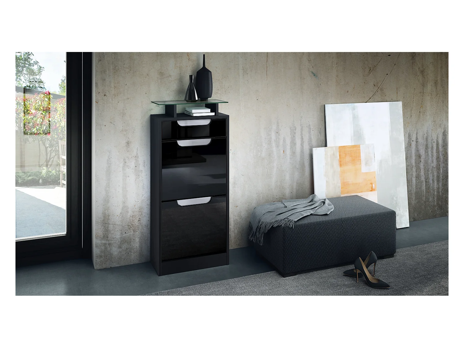 Meuble à chaussures Fiesta V2, Corps en Noir mat / Façades en Noir haute brillance avec un decor en Blanc haute brillance