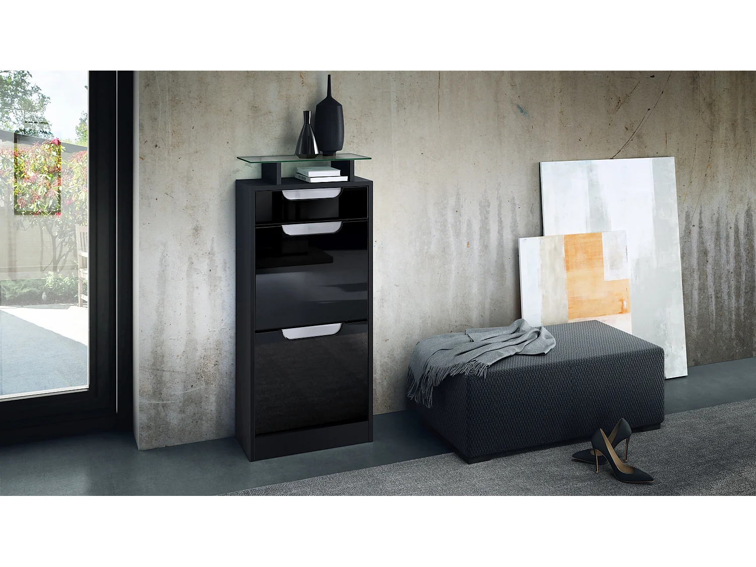 Scarpiera Fiesta V2, Carcassa in nero opaco / Frontale in nero lucido con profili in bianco lucido