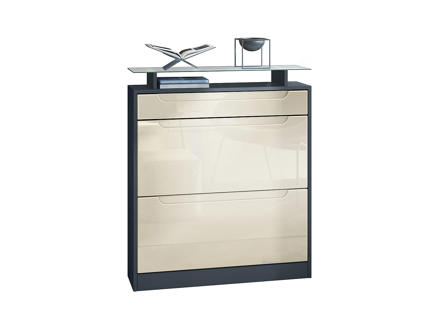 SCHUHSCHRANK Fiesta Fronten in Creme Hochglanz, Griffmulden in Creme Hochglanz