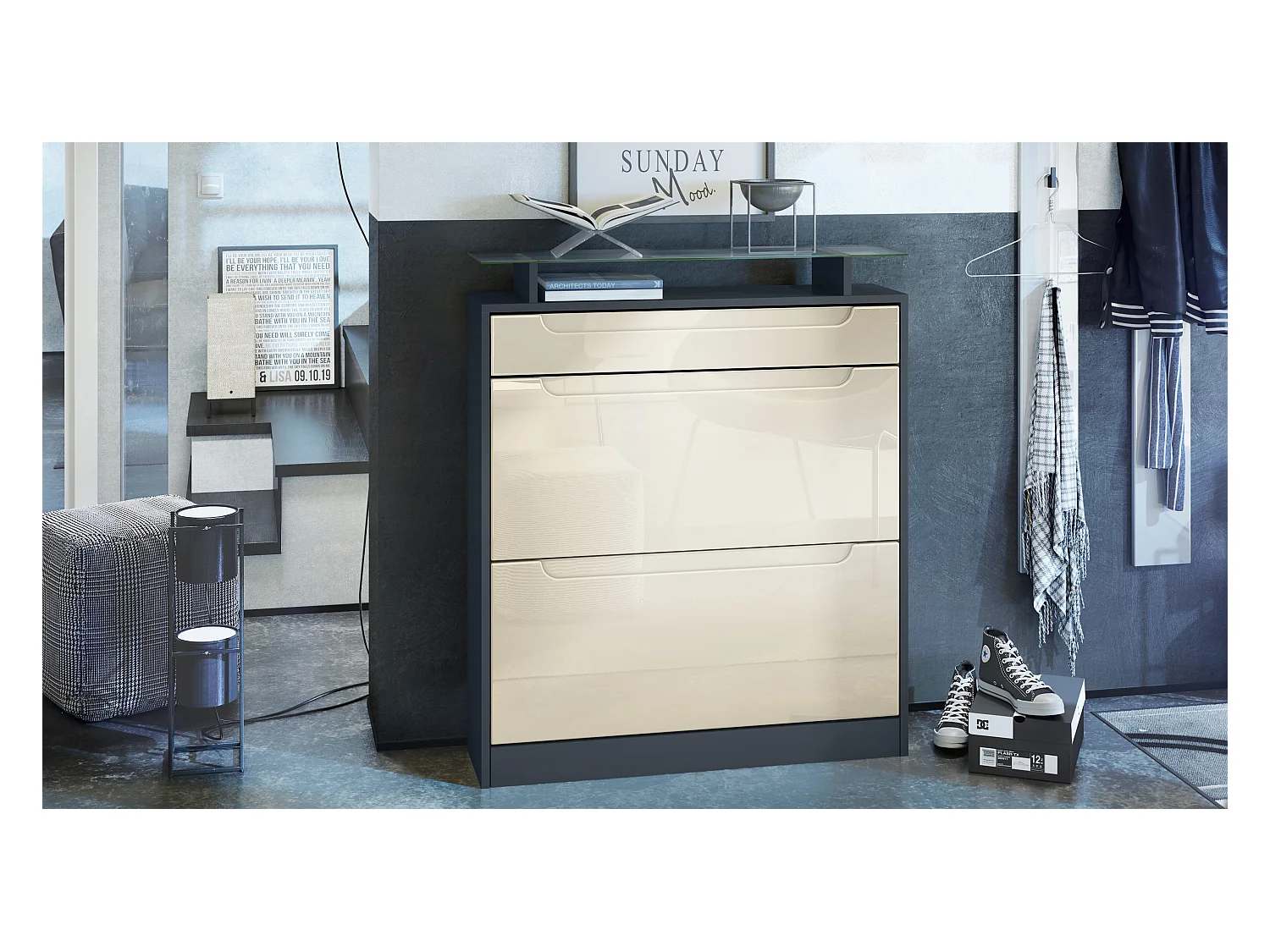 SCHUHSCHRANK Fiesta Fronten in Creme Hochglanz, Griffmulden in Creme Hochglanz