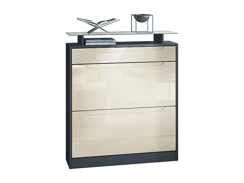 Scarpiera  Fiesta per 16 paia di scarpe con 2 ante a ribalta e ripiano in vetro, antracite/bianco lucido, maniglie incassate in panna lucido (89 x 104 x 23 cm)