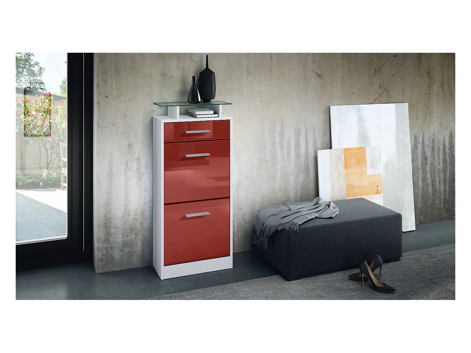 Meuble chaussure Loret V2, Étagère à chaussures pour 8 paires de chaussures avec 2 clapets, 1 tiroir, Blanc mat/Bordeaux brillant (46 x 104 x 23 cm)