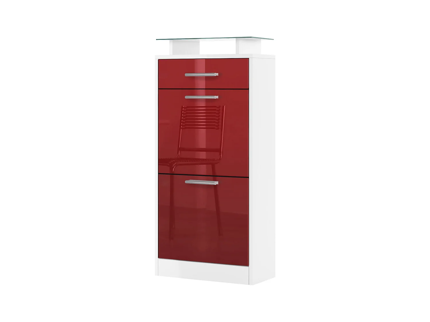 Meuble chaussure Loret V2, Étagère à chaussures pour 8 paires de chaussures avec 2 clapets, 1 tiroir, Blanc mat/Bordeaux brillant (46 x 104 x 23 cm)
