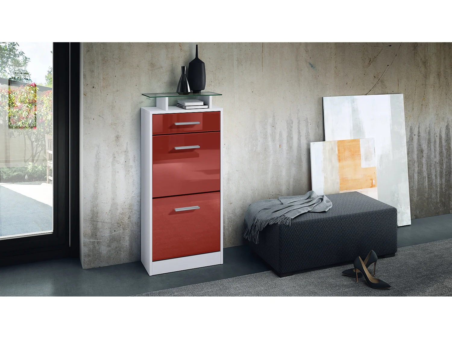 Meuble chaussure Loret V2, Étagère à chaussures pour 8 paires de chaussures avec 2 clapets, 1 tiroir, Blanc mat/Bordeaux brillant (46 x 104 x 23 cm)