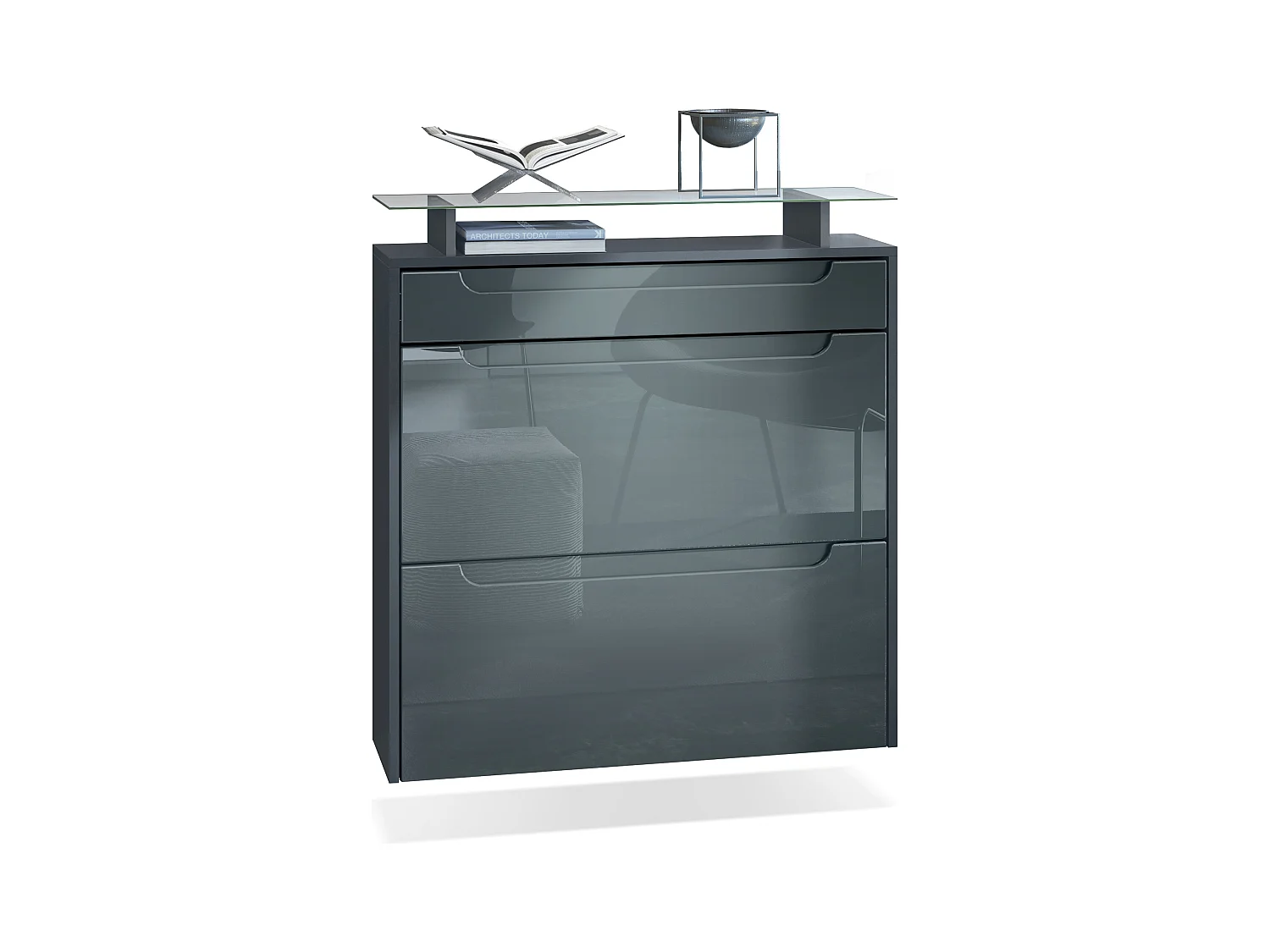 SCHUHSCHRANK Annie Fronten in Grau Hochglanz, Griffmulden in Grau Hochglanz