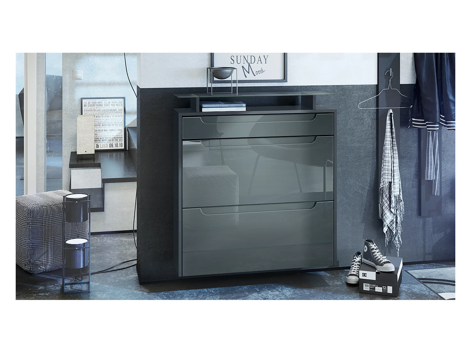 SCHUHSCHRANK Annie Fronten in Grau Hochglanz, Griffmulden in Grau Hochglanz