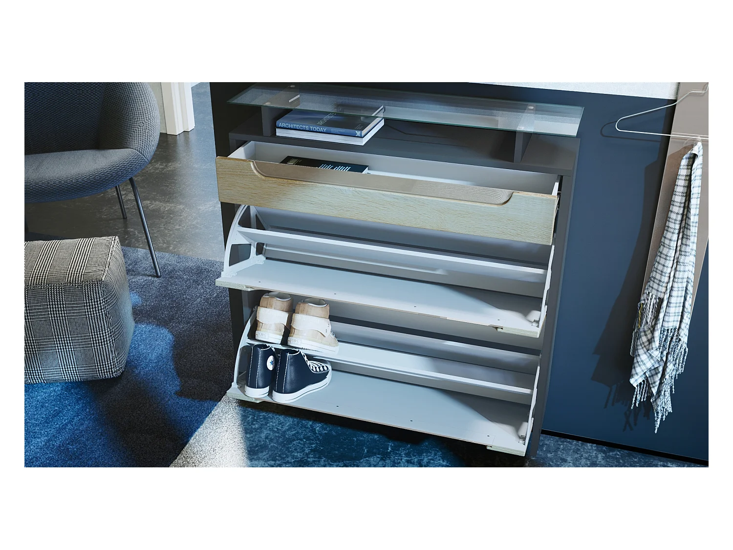 SCHUHSCHRANK Annie Fronten in Grau Hochglanz, Griffmulden in Grau Hochglanz