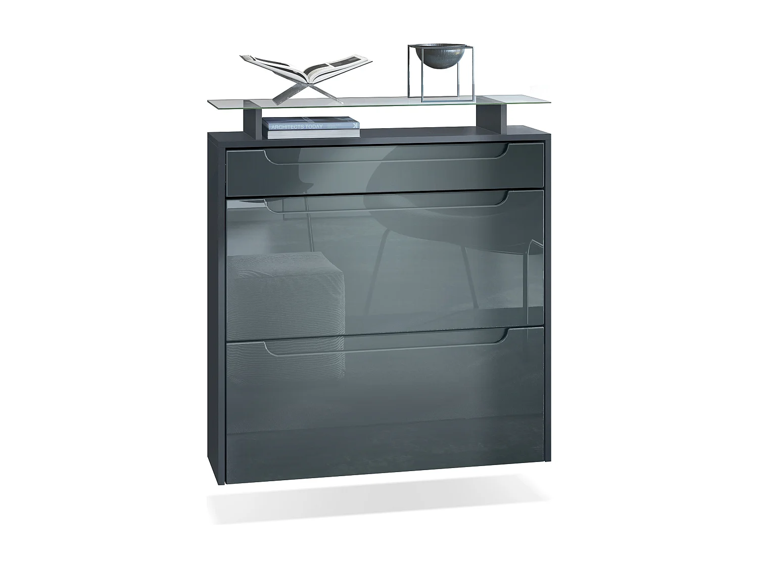 SCHUHSCHRANK Annie Fronten in Grau Hochglanz, Griffmulden in Grau Hochglanz