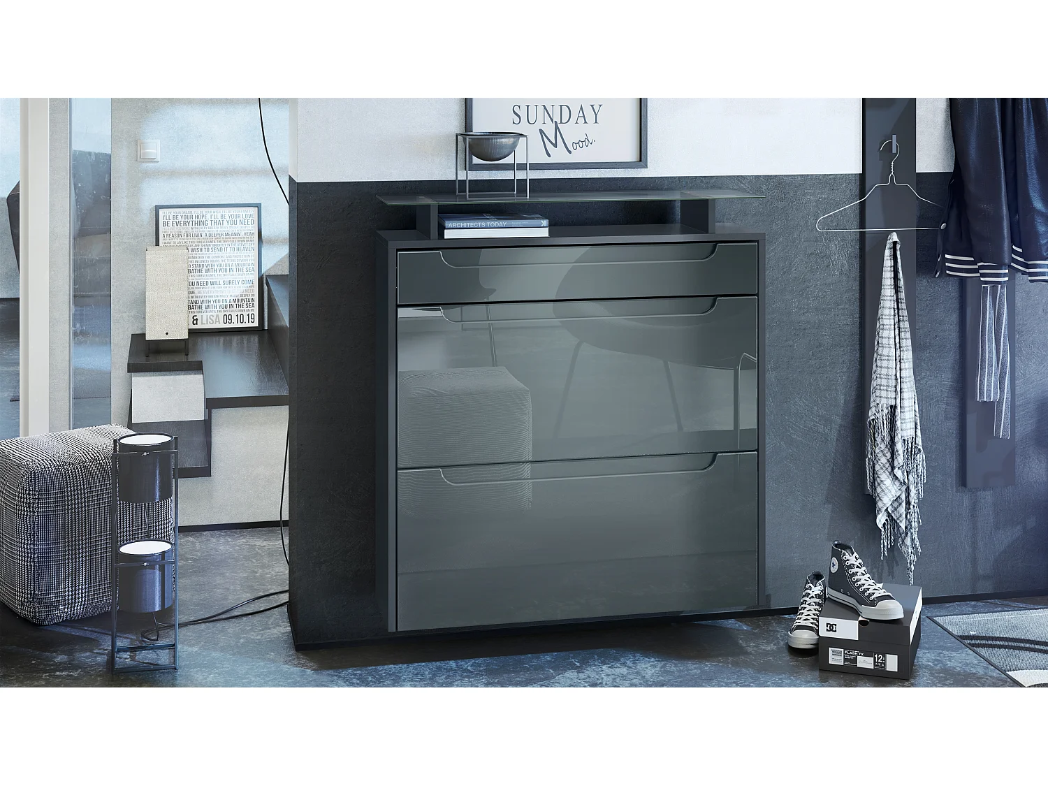 SCHUHSCHRANK Annie Fronten in Grau Hochglanz, Griffmulden in Grau Hochglanz