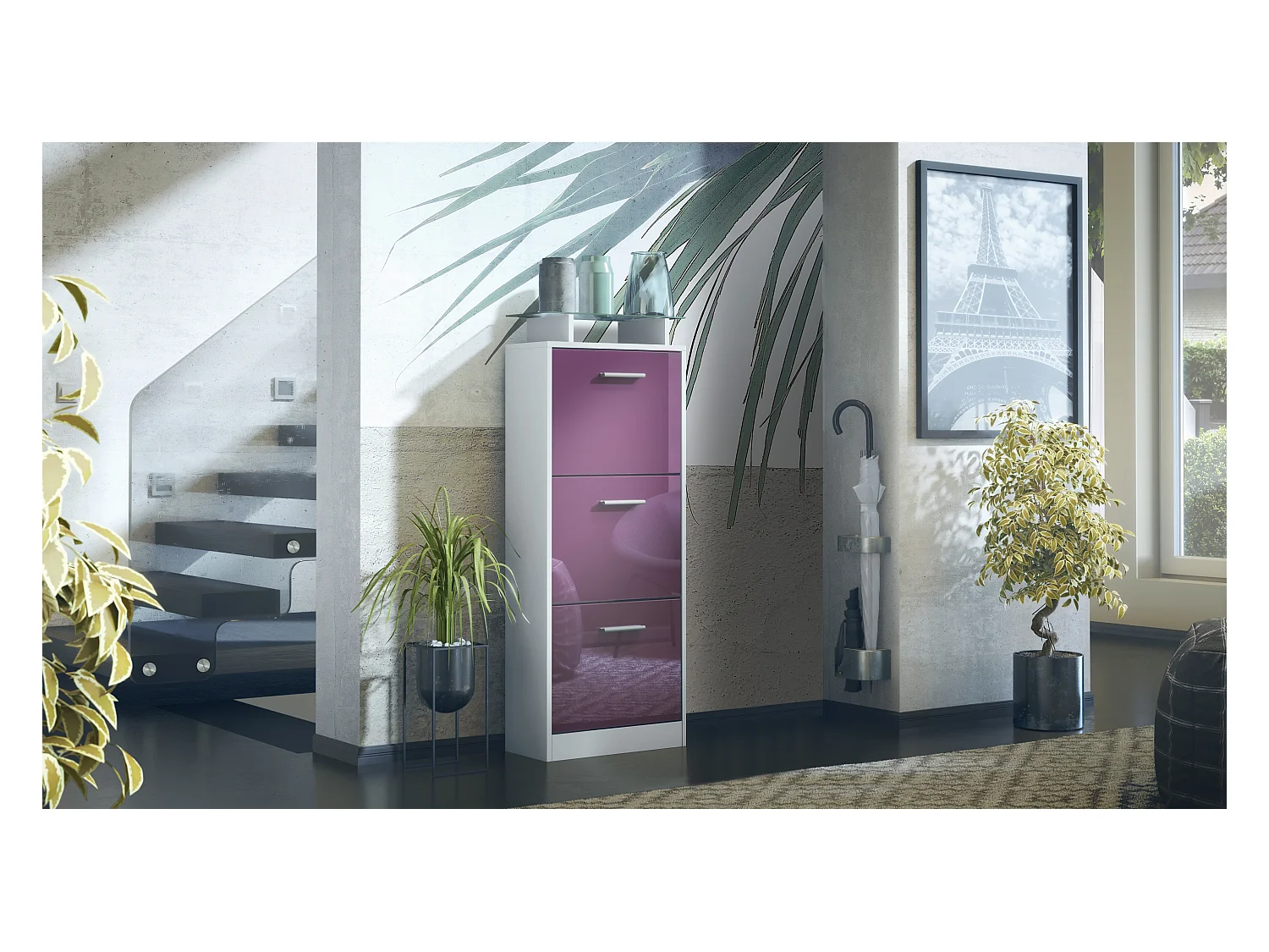 Meuble à Chaussures Lavia V2, Range-Chaussures pour 12 Paires avec 3 Abattants et Étagère en Verre, blanc mat/mûre haute brillance (46 x 128 x 23 cm)