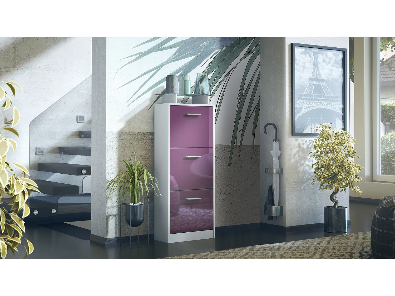 Vladon Scarpiera Lavia V2, Scarpiera per 12 Paia di Scarpe con 3 Ribalte e Mensola in Vetro, bianco opaco/violetto porpora lucido (46 x 128 x 23 cm)