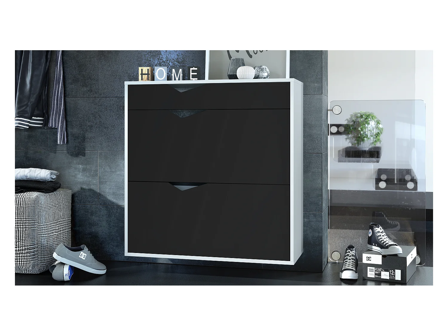 Armoire à chaussures Kolmio 85 x 87 x 33 cm, corps en blanc mat, façades en Noir mat | Grand choix de couleurs