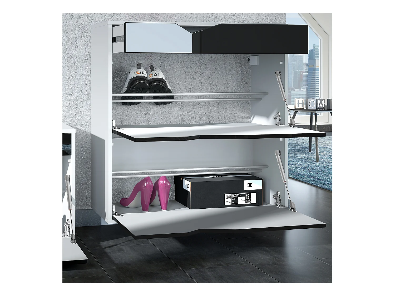 Armoire à chaussures Kolmio 85 x 87 x 33 cm, corps en blanc mat, façades en Noir mat | Grand choix de couleurs