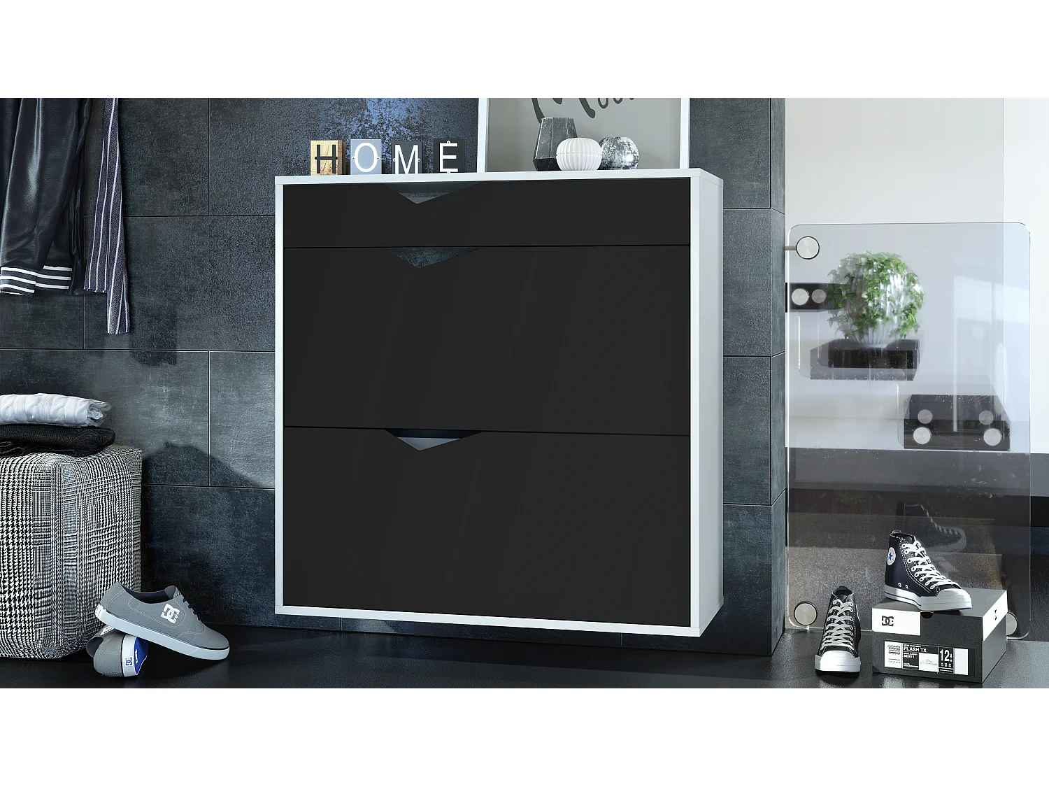 Armoire à chaussures Kolmio 85 x 87 x 33 cm, corps en blanc mat, façades en Noir mat | Grand choix de couleurs