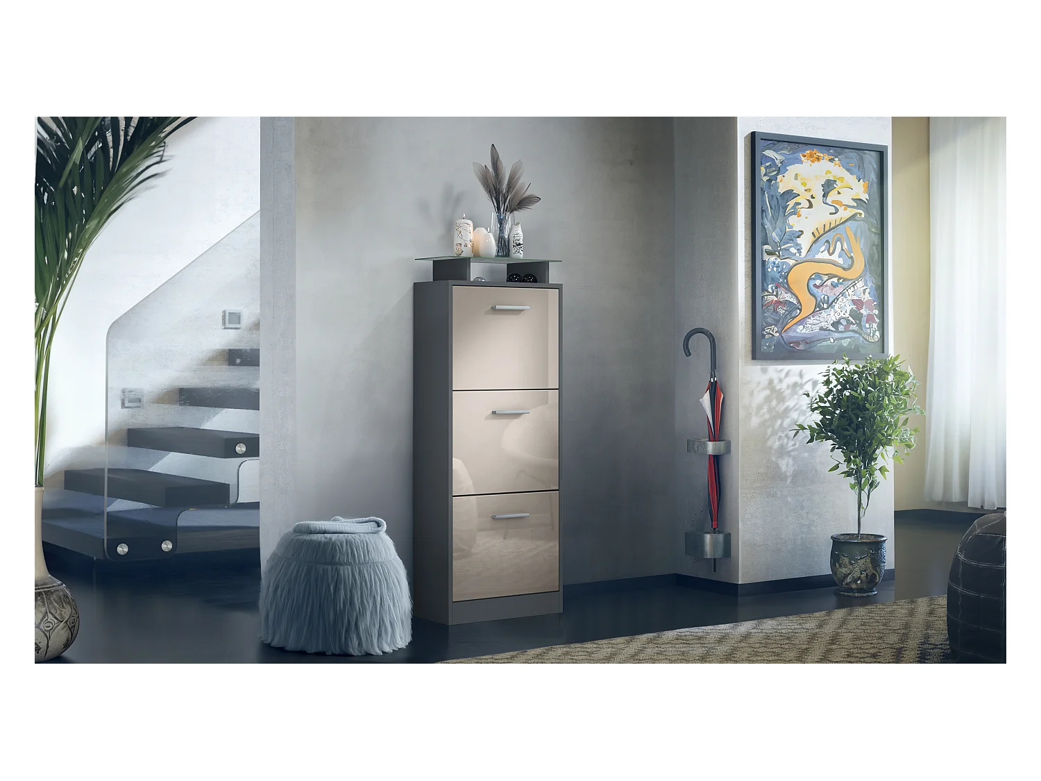 Meuble à Chaussures Lavia V2, Range-Chaussures pour 12 Paires avec 3 Abattants et Étagère en Verre, anthracite mat/gris sable brillant (46 x 128 x 23 cm)