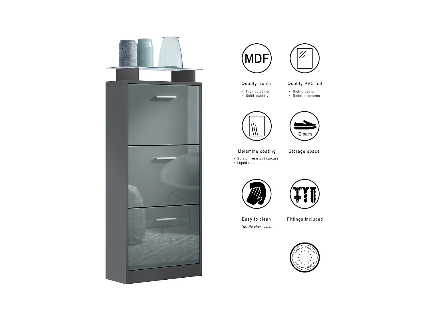 Meuble à Chaussures Lavia V2, Range-Chaussures pour 12 Paires avec 3 Abattants et Étagère en Verre, anthracite mat/gris sable brillant (46 x 128 x 23 cm)