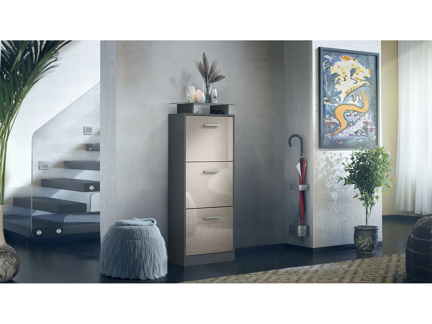 Vladon Scarpiera Lavia V2, Scarpiera per 12 Paia di Scarpe con 3 Ribalte e Mensola in Vetro, antracite opaco /grigio sabbia lucido (46 x 128 x 23 cm)