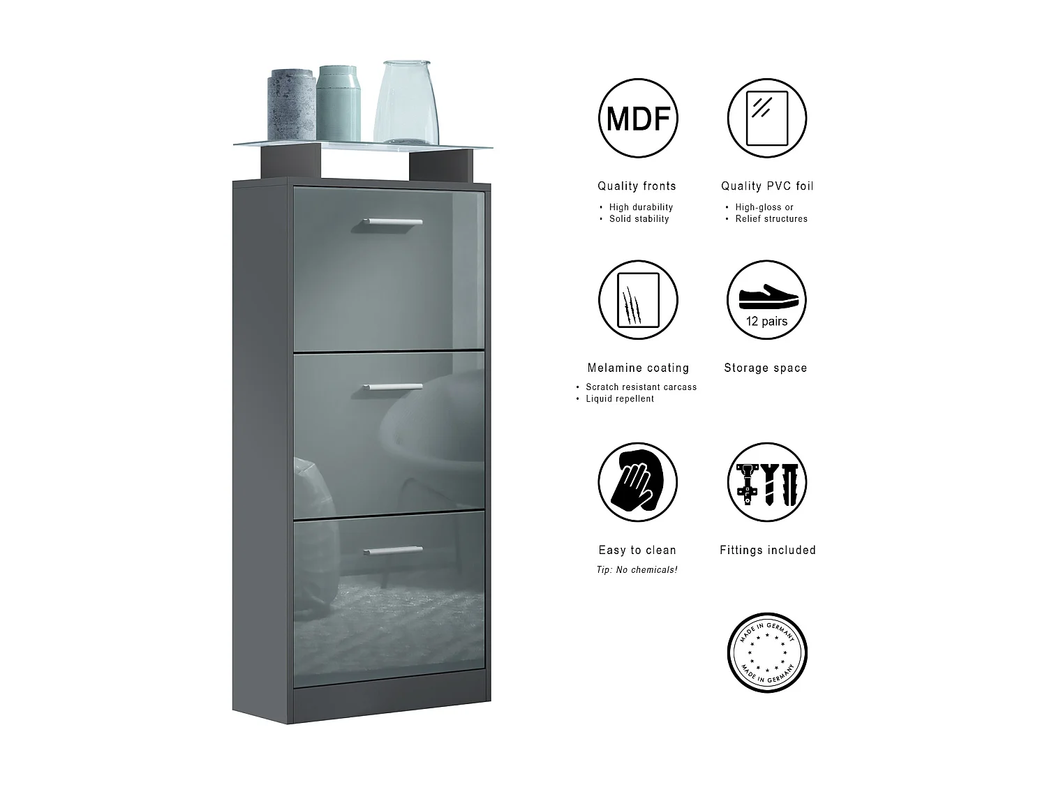 Vladon Scarpiera Lavia V2, Scarpiera per 12 Paia di Scarpe con 3 Ribalte e Mensola in Vetro, antracite opaco /grigio sabbia lucido (46 x 128 x 23 cm)