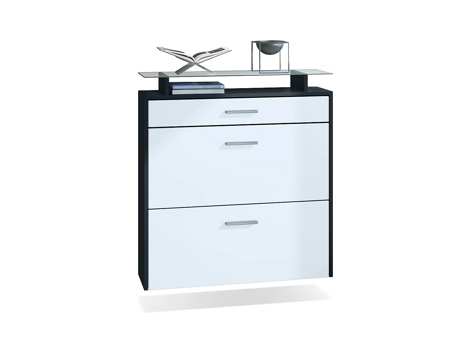 Meuble chaussures Malea, Armoire à chaussures murale pour 16 paires avec 2 clapets, 1 tiroir et 1 tablette en verre, Noir mat/Blanc mat (89 x 96 x 23 cm)