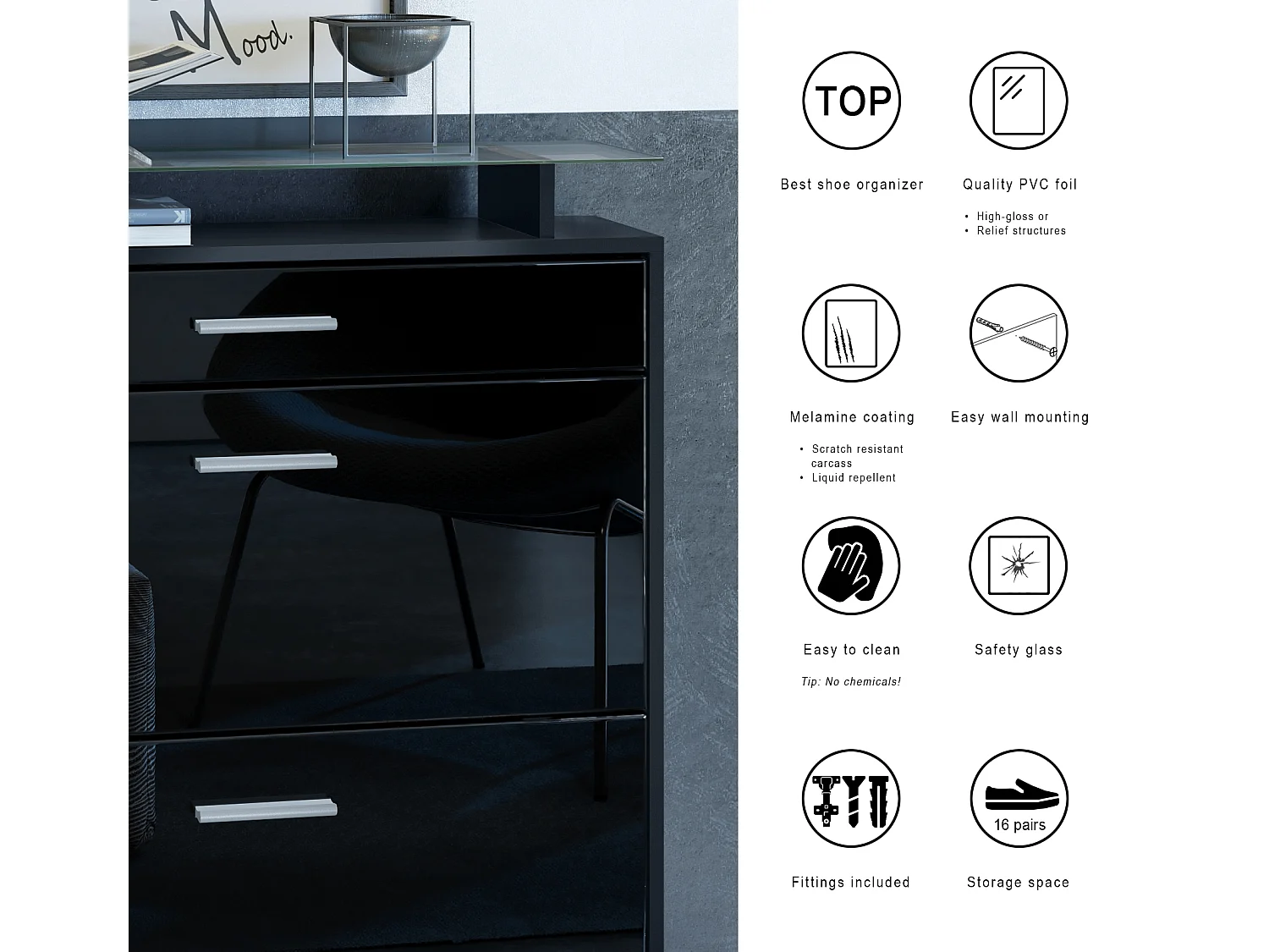 Meuble chaussures Malea, Armoire à chaussures murale pour 16 paires avec 2 clapets, 1 tiroir et 1 tablette en verre, Noir mat/Blanc mat (89 x 96 x 23 cm)