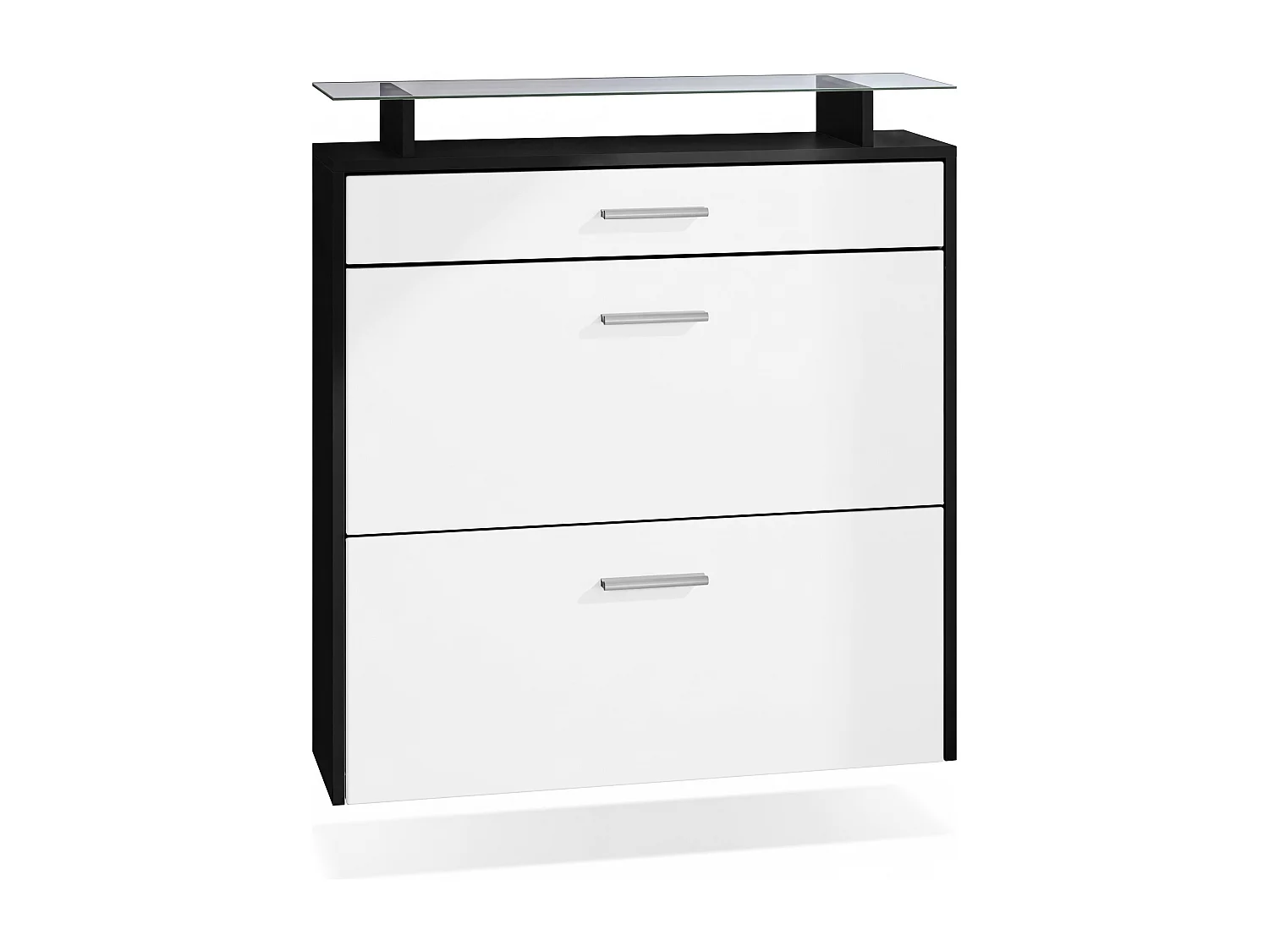 Vladon Zapatero Malea, Zapatero Colgante para 16 pares de zapatos con 2 Puertas abatibles y 1 Cajón y Estante de cristal, Negro mate/blanco mate (89 x 96 x 23 cm)