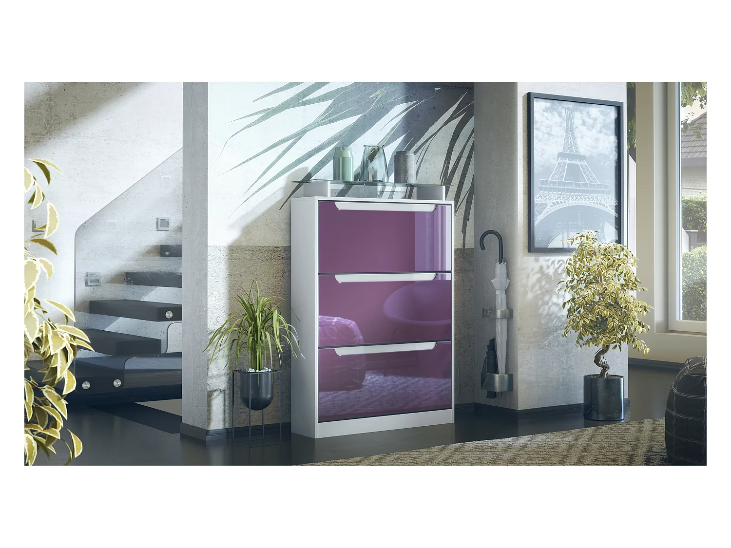 Meuble à chaussures Space, basculant pour 24 paires de chaussures avec 3 clapets et étagère en verre, Blanc mat/Mûre haute brillance (89 x 128 x 23 cm)