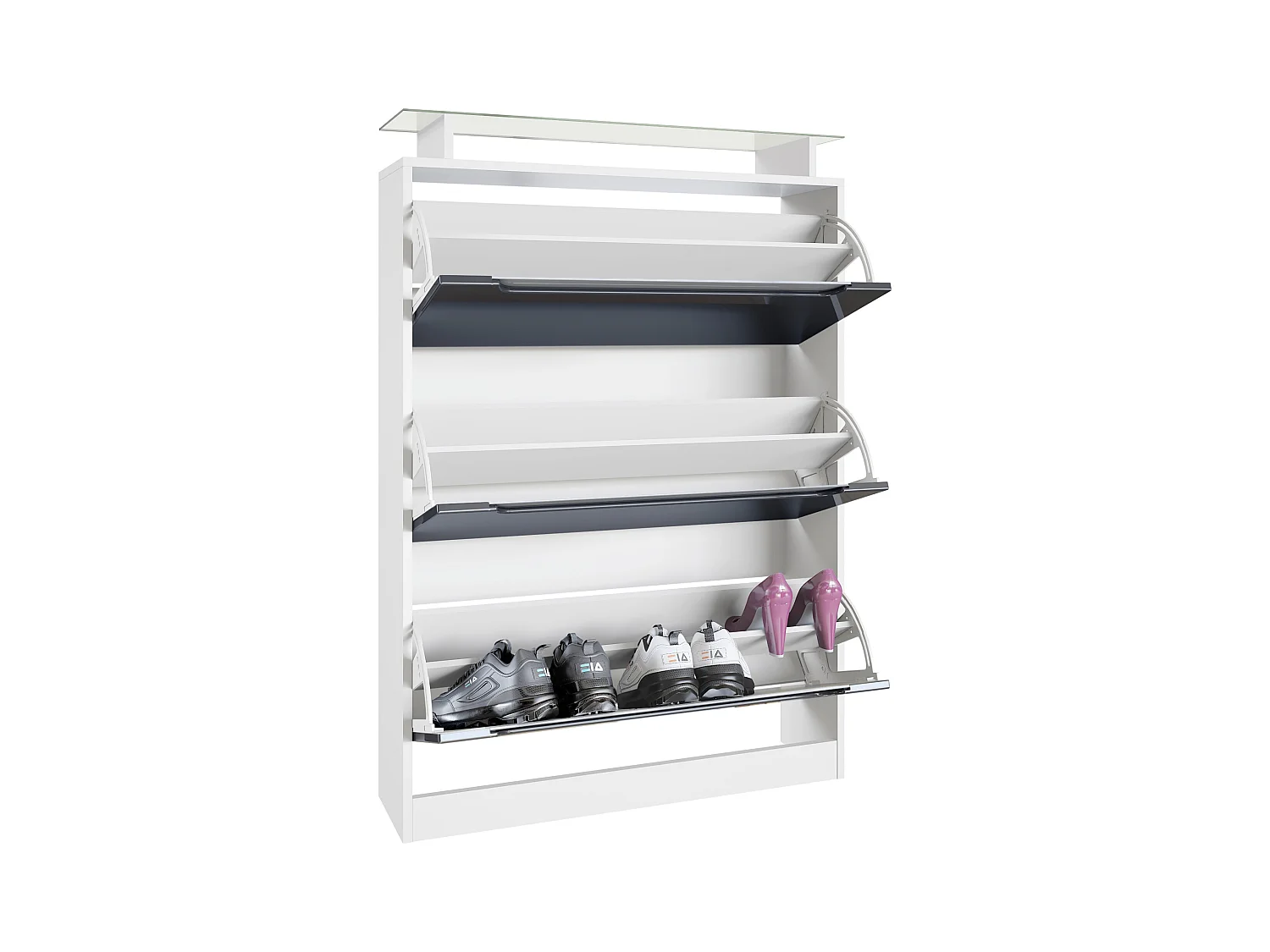 Meuble à chaussures Space, basculant pour 24 paires de chaussures avec 3 clapets et étagère en verre, Blanc mat/Mûre haute brillance (89 x 128 x 23 cm)
