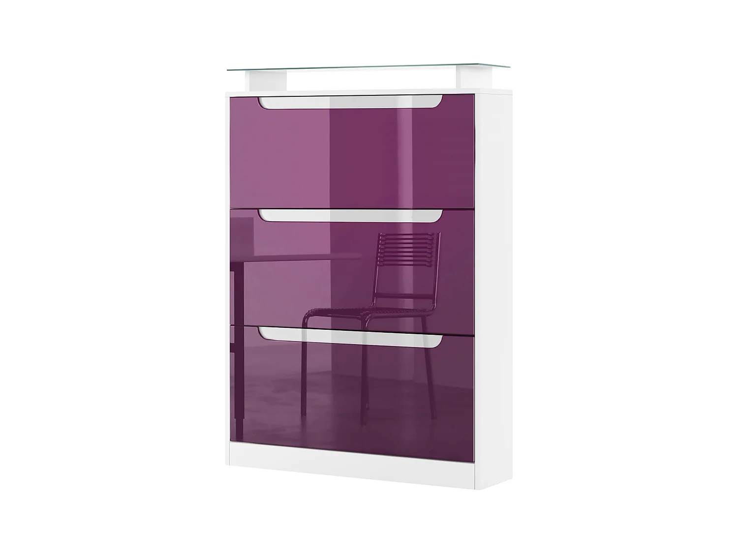 Meuble à chaussures Space, basculant pour 24 paires de chaussures avec 3 clapets et étagère en verre, Blanc mat/Mûre haute brillance (89 x 128 x 23 cm)