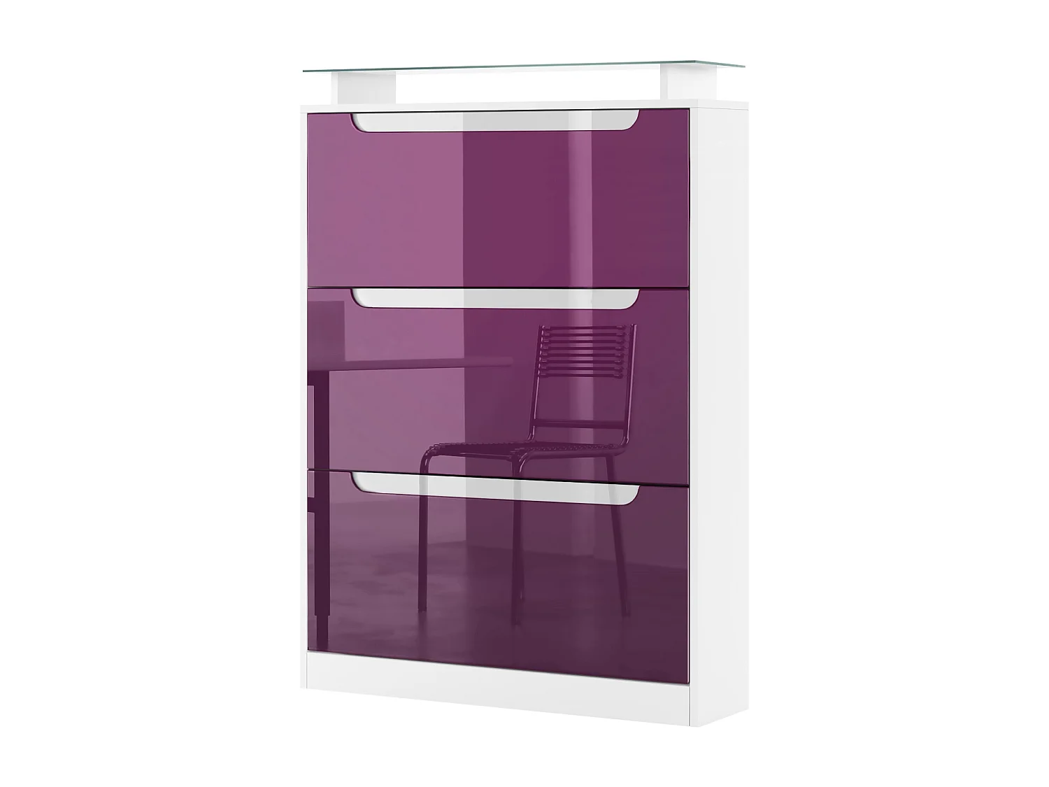 Shoe Cabinet Space, Mobile per 24 paia di scarpe con 3 ante a ribalta e un ripiano in vetro, bianco opaco/violetto-porpora (89 x 128 x 23 cm)
