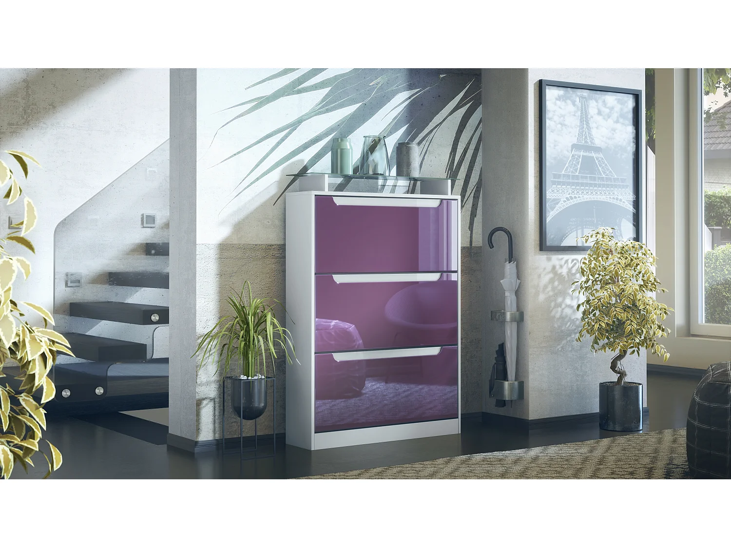 Shoe Cabinet Space, Mobile per 24 paia di scarpe con 3 ante a ribalta e un ripiano in vetro, bianco opaco/violetto-porpora (89 x 128 x 23 cm)