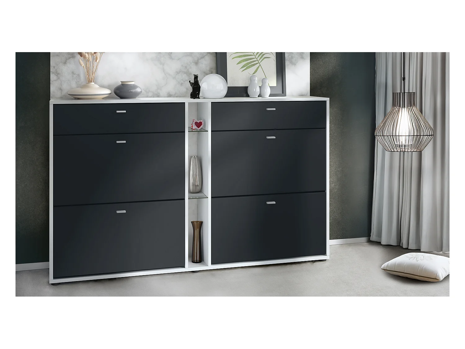 Meuble à chaussures à bascule Today 155,5 x 95 x 28 cm, corps en Blanc mat, façades en noir mat