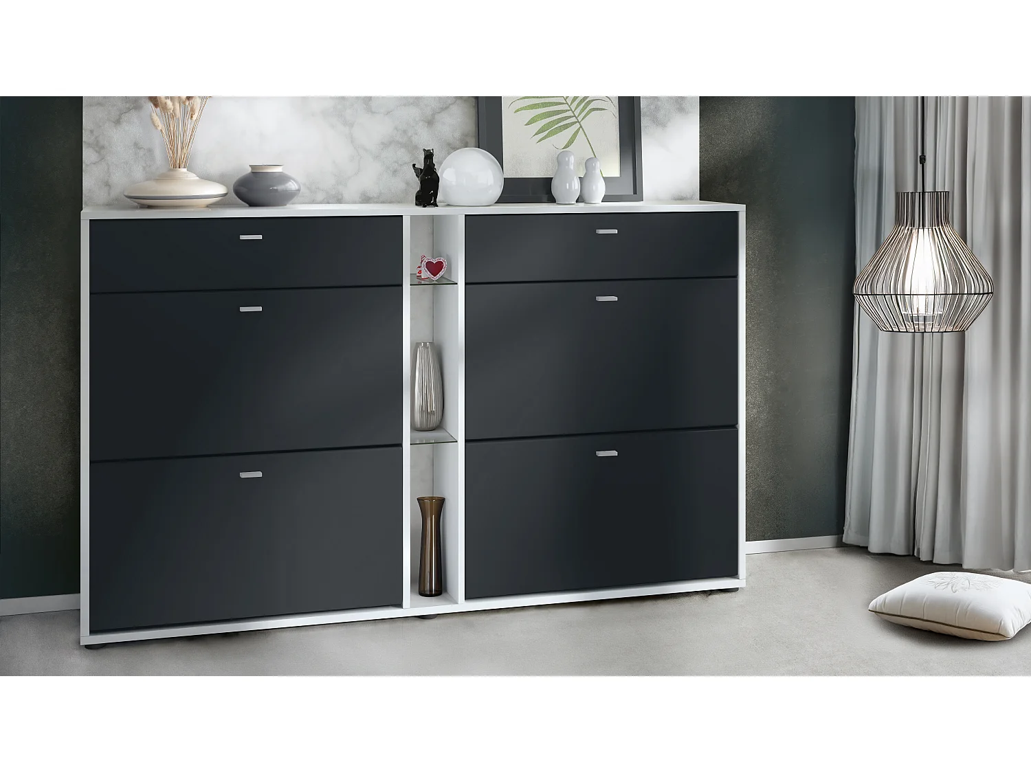 Scarpiera Today con 4 ante e 2 cassetti 155,5 x 95 x 28 cm, struttura in bianco opaco, frontali in nero opaco