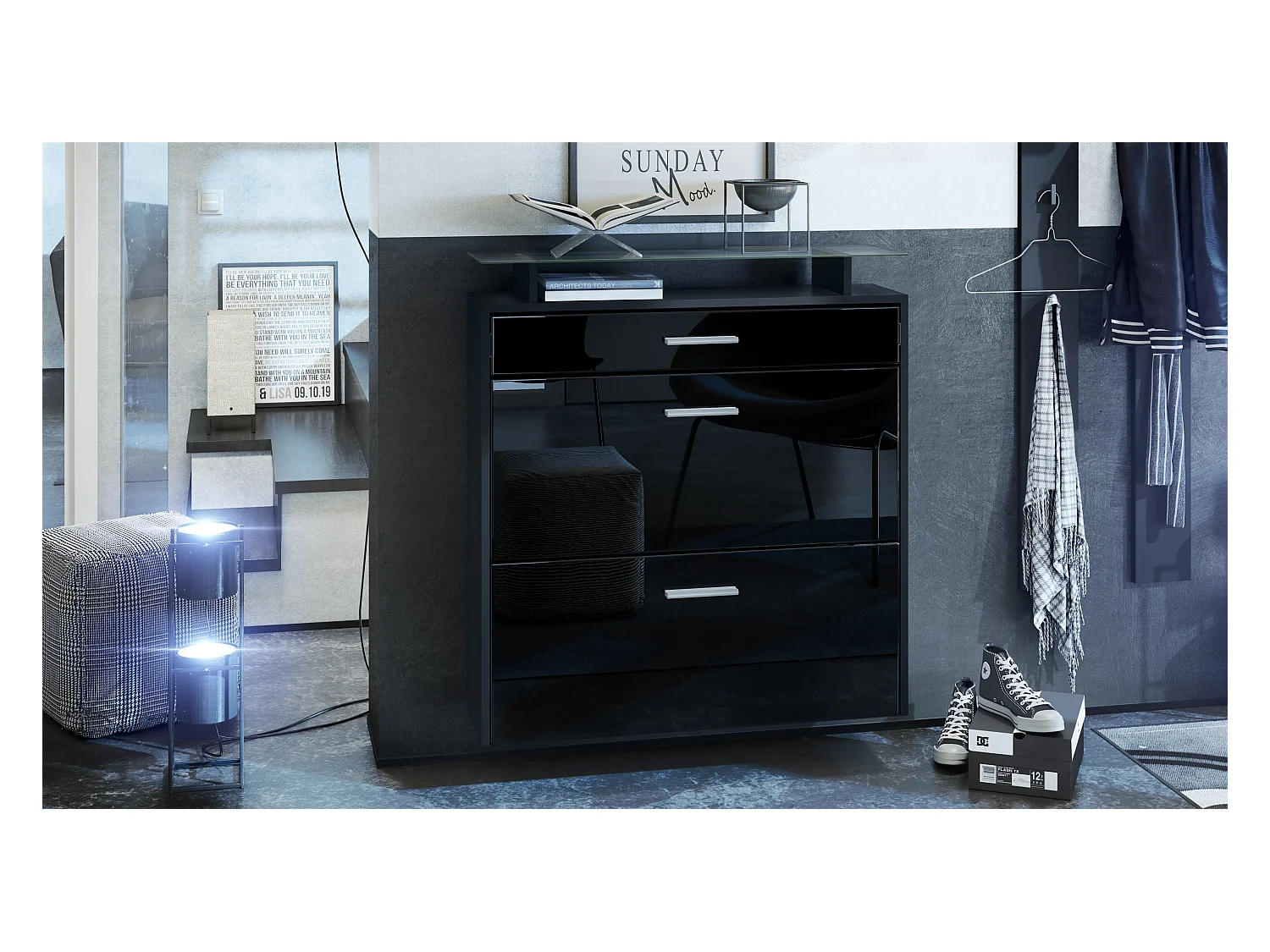 SCHUHSCHRANK Malea Front in Schwarz Hochglanz