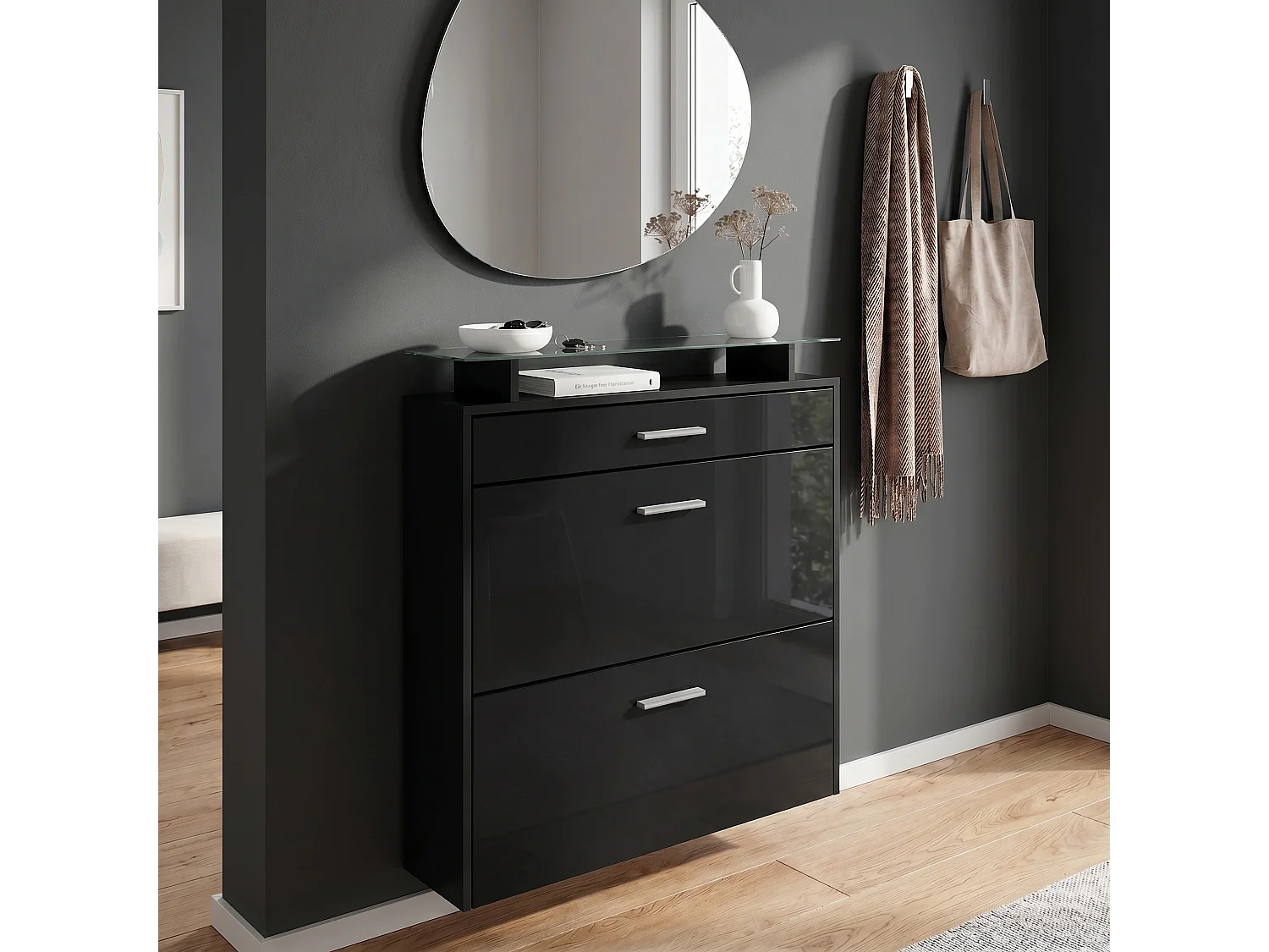 SCHUHSCHRANK Malea Front in Schwarz Hochglanz