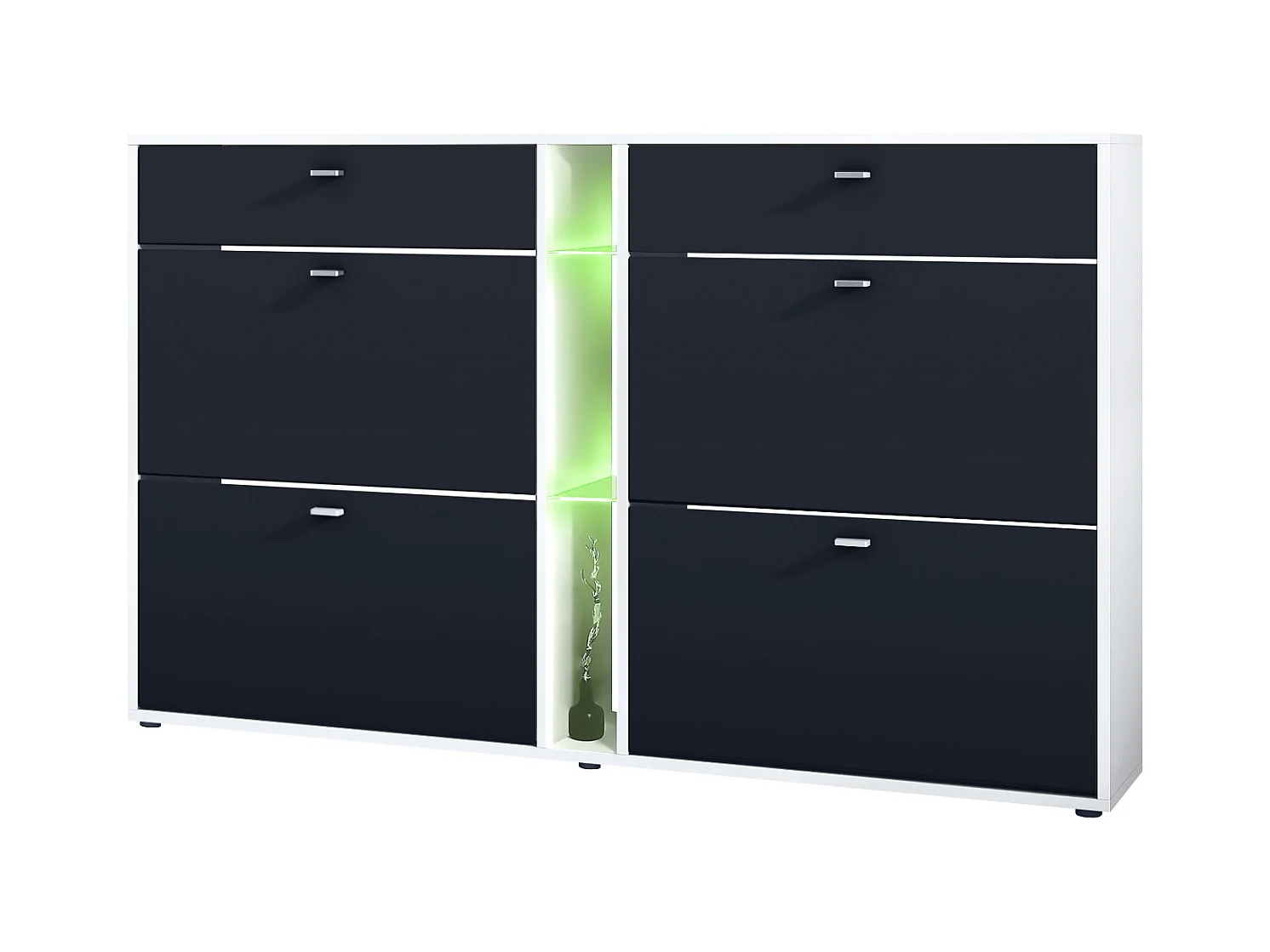 Meuble à chaussures à bascule Today 155,5 x 95 x 28 cm, avec un éclairage LED RGB, corps en Blanc mat, façades en noir mat