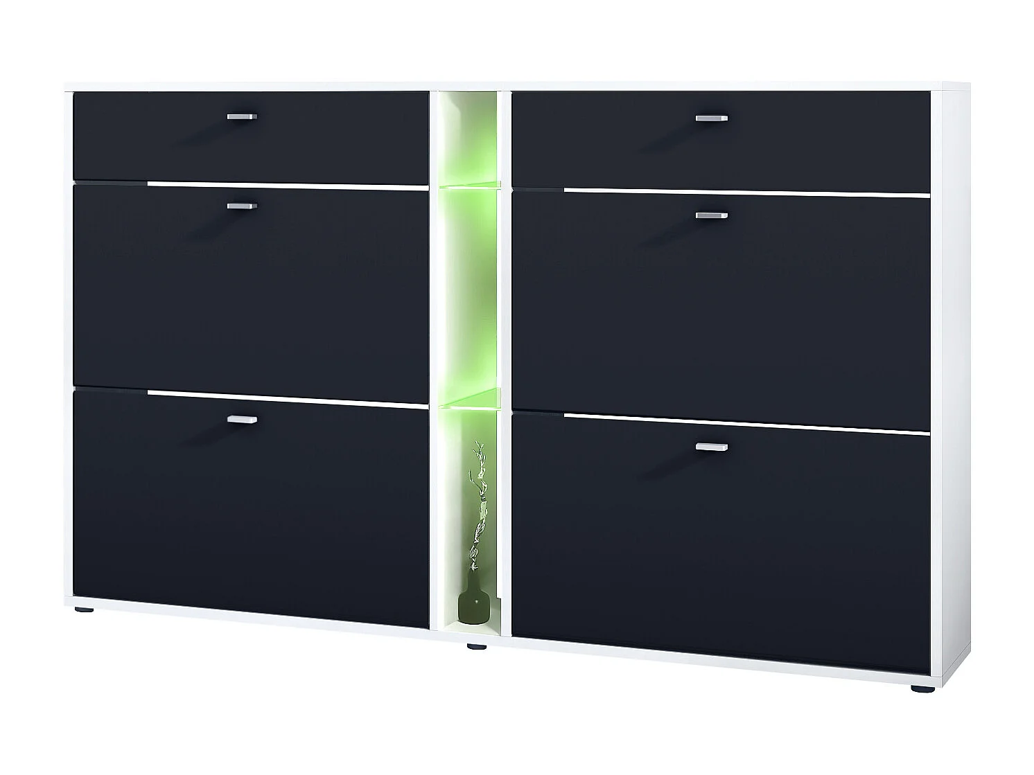 Scarpiera Today con 4 ante e 2 cassetti 155,5 x 95 x 28 cm, con illuminazione a LED RGB, struttura in bianco opaco, frontali in nero opaco