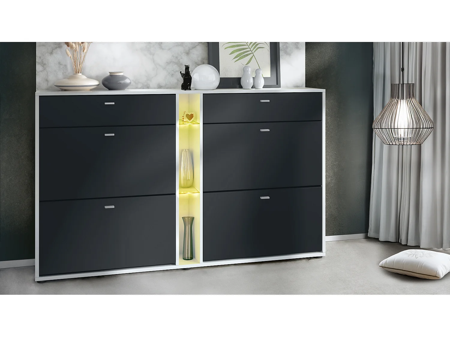 Scarpiera Today con 4 ante e 2 cassetti 155,5 x 95 x 28 cm, con illuminazione a LED RGB, struttura in bianco opaco, frontali in nero opaco