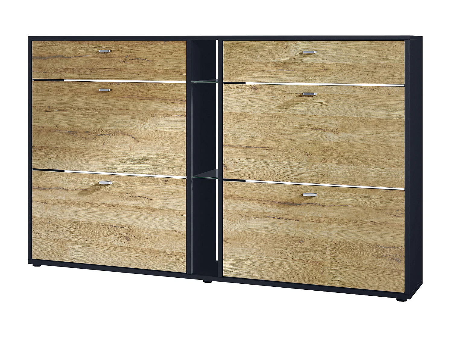 Scarpiera Today con 4 ante e 2 cassetti 155,5 x 95 x 28 cm, struttura in nero opaco, frontali in rovere naturale