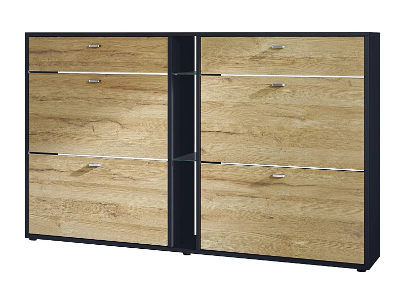 Meuble à chaussures à bascule Today 155,5 x 95 x 28 cm, corps en Noir mat, façades en chêne nature