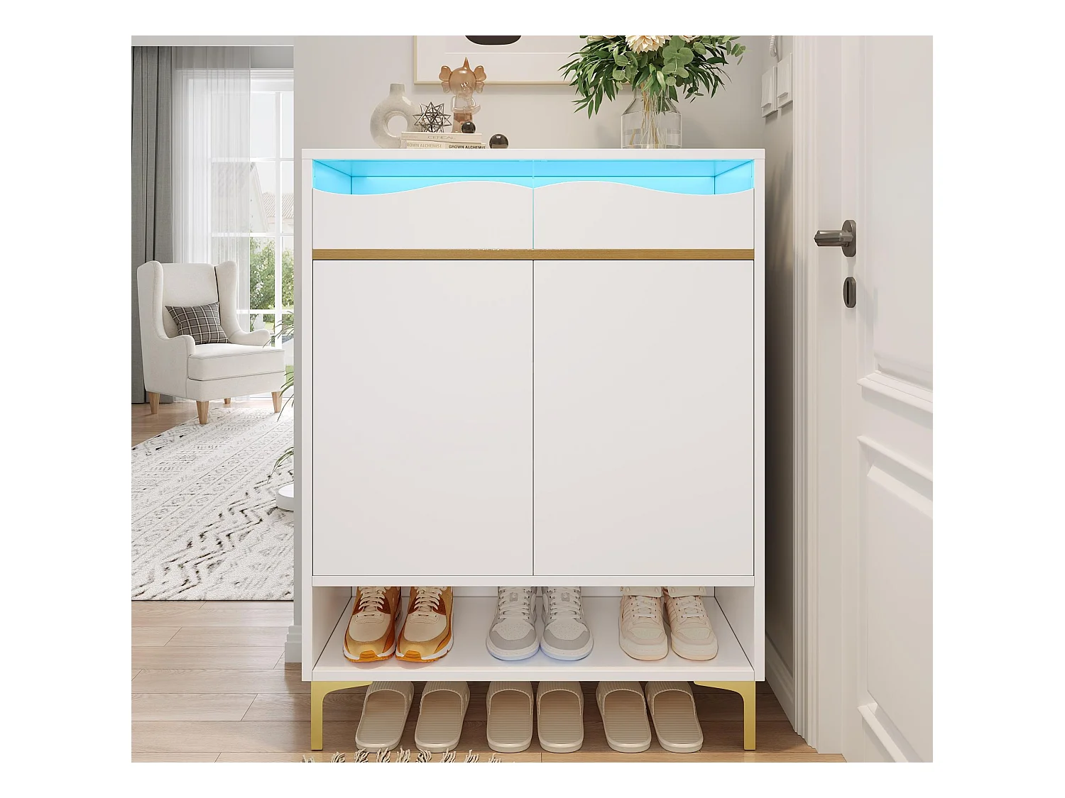 Meuble à chaussures moderne 80x35x105cm - avec LED - 2 tiroirs et 2 portes - blanc