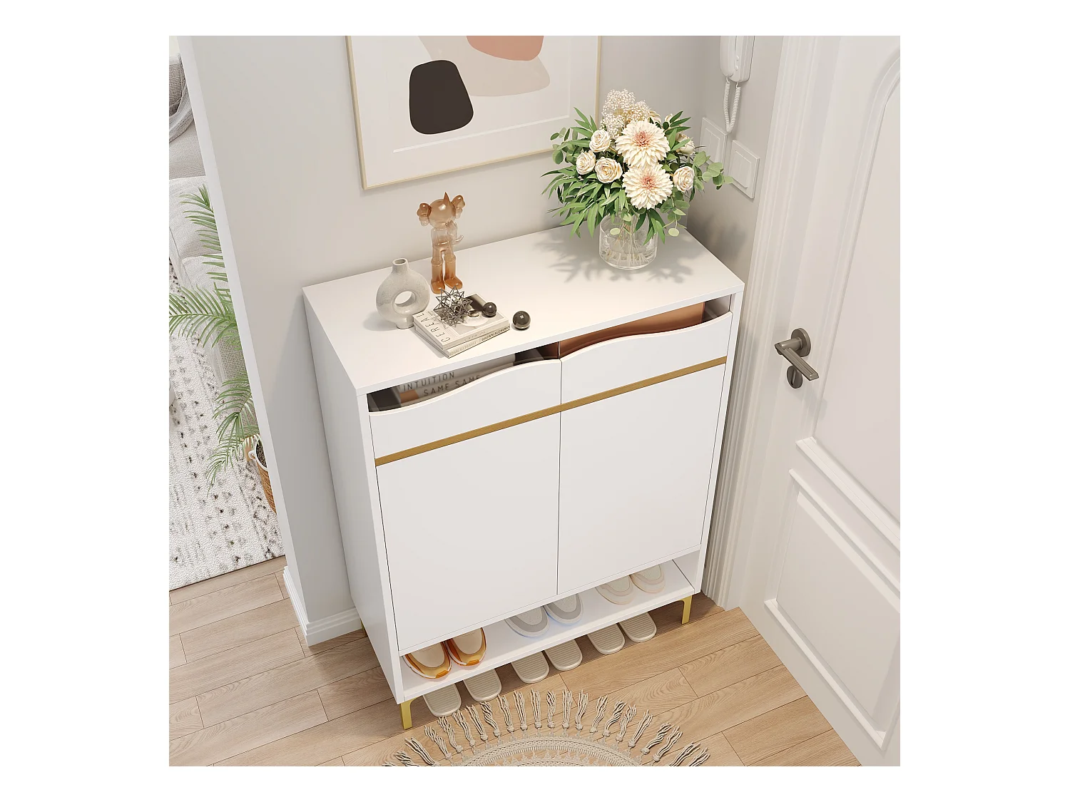 Meuble à chaussures moderne 80x35x105cm - avec LED - 2 tiroirs et 2 portes - blanc