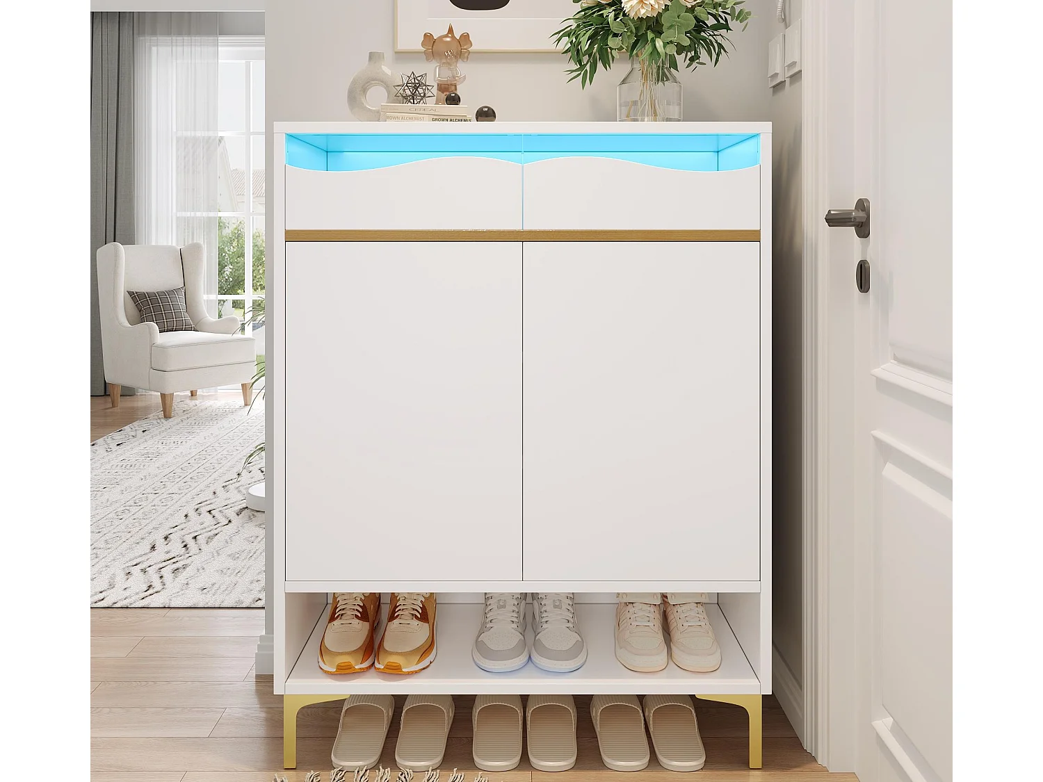 Meuble à chaussures moderne 80x35x105cm - avec LED - 2 tiroirs et 2 portes - blanc